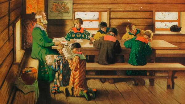 Картина Кустодиева Земская школа в Московской Руси