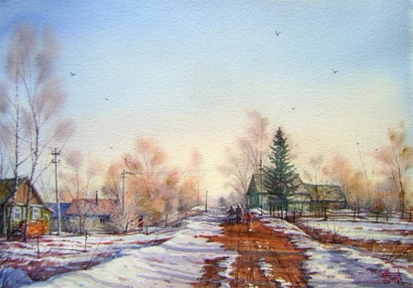 Мартовский пейзаж акварелью