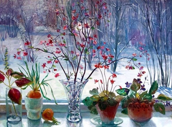 Зимние цветы живопись