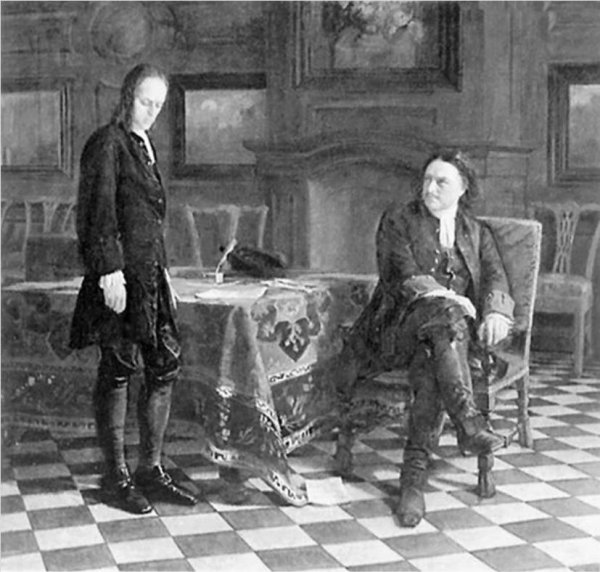 Петр 1 и жена Фельтена картина в Петергофе