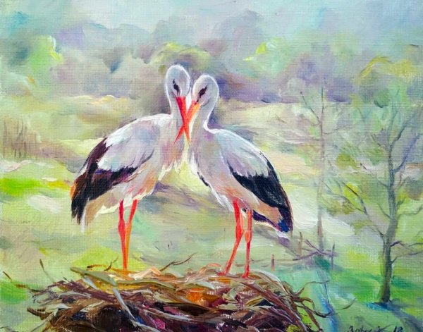 Аисты в живописи маслом