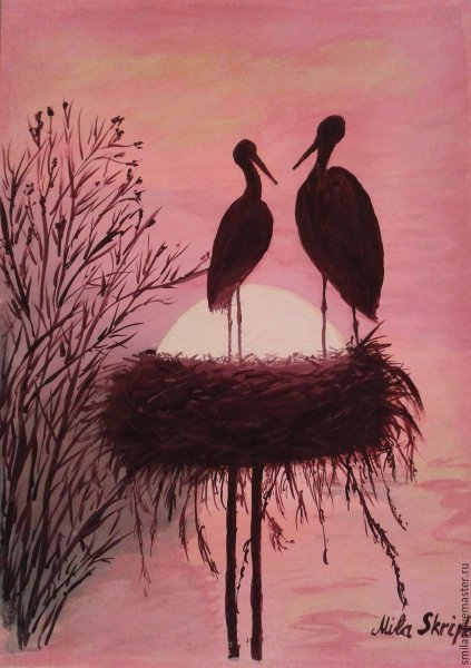Аисты в гнезде живопись