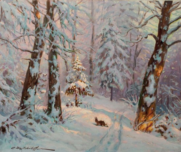 Художник Дмитрий Левин "зимний деревенский пейзаж ".