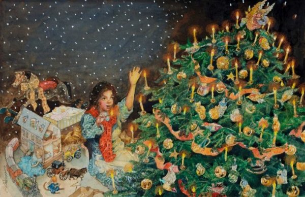 Рождественская елка со звездой живопись