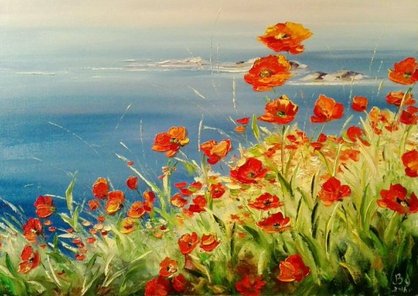 Пейзажи с маками маслом
