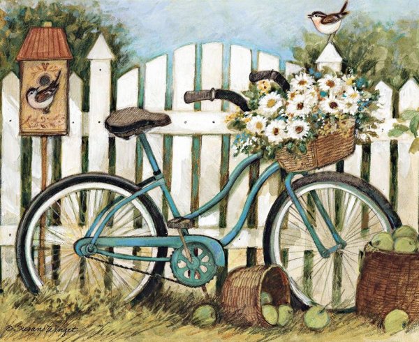 Велосипед у забора живопись