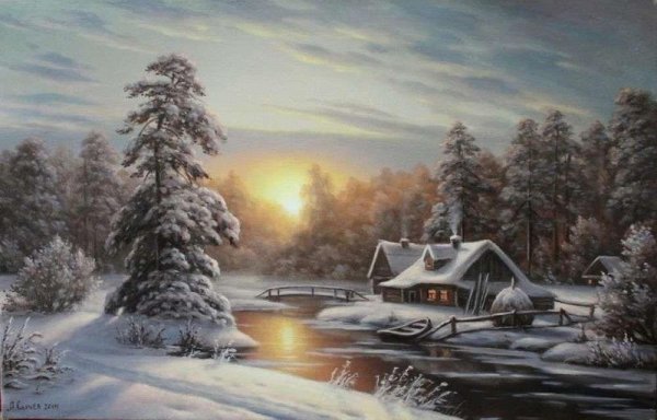 Художник Кочкин зимняя деревня