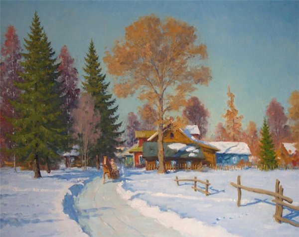 Художник Дмитрий Левин "зимний деревенский пейзаж ".