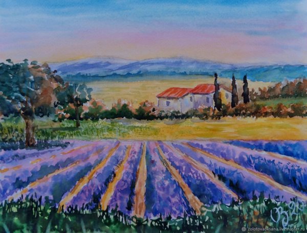 Лавандовые поля в Провансе акварель