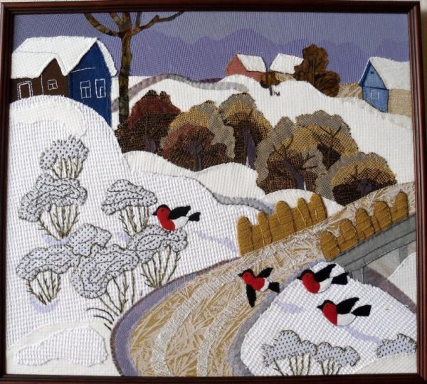 Японская техника кинусайга панно из лоскутков