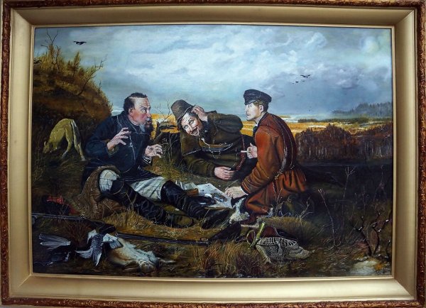 Картина маслом охотники на привале Перов