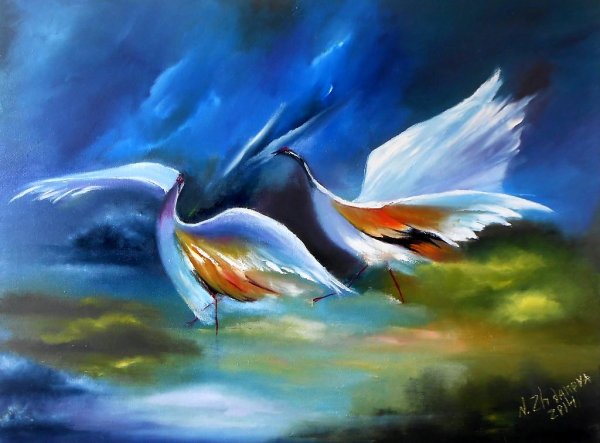 Птицы маслом на холсте