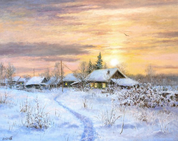 Художник Сергей Дорофеев зимний вечер в деревне