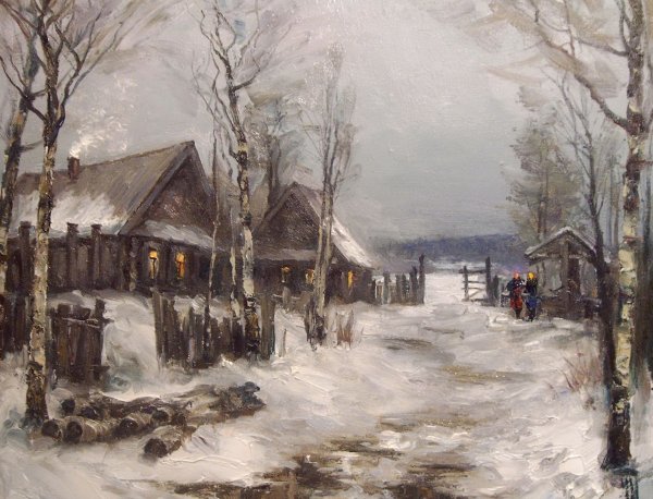 Зимняя деревня на картине Павлова Михаила