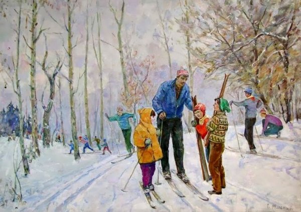 Борис Кустодиев лыжники 1919