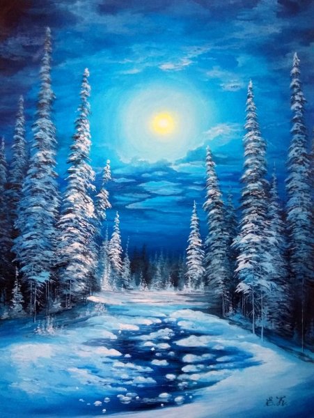 Ночной зимний пейзаж живопись