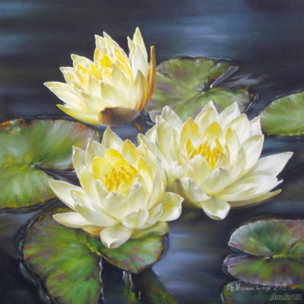 Пруд кувшинки акварель