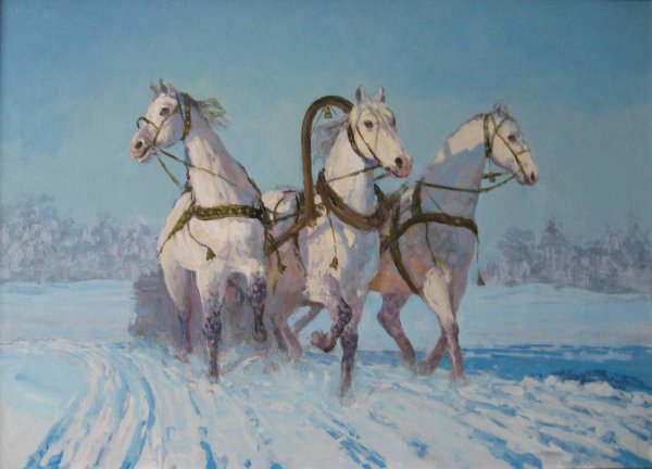 Русская тройка лошадей зимой Федоскино