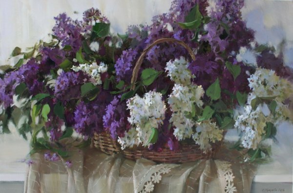 Сирень в корзине живопись маслом