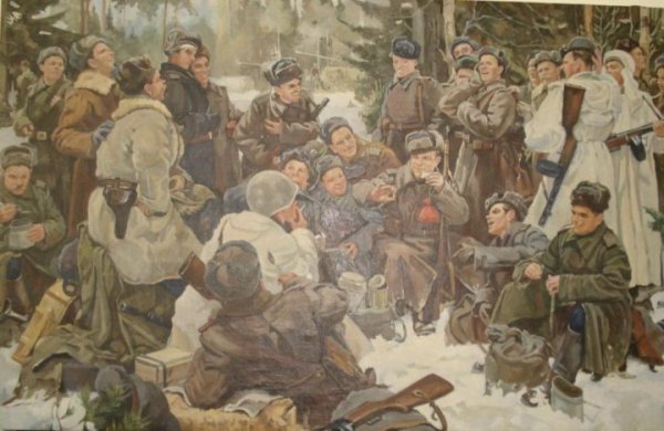 Картина Юрия Непринцева "отдых после боя" (1951) о Василии Теркине