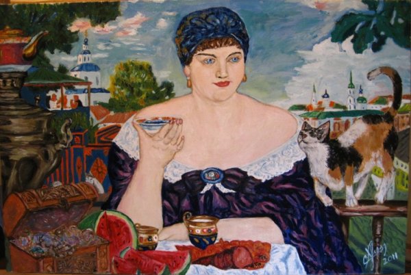 Кустодиев Купчиха за чаем 1918