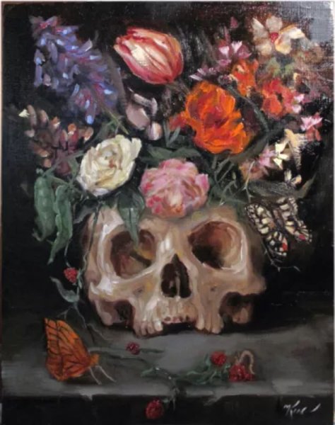 Натюрморт с черепом и цветами