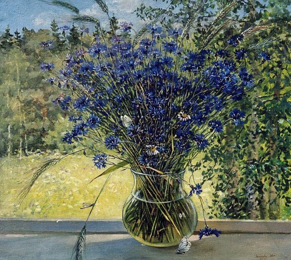 Живопись васильки в корзинке Виктор Микитенко