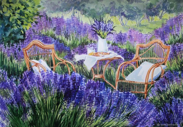 Лавандовые поля в Провансе акварель