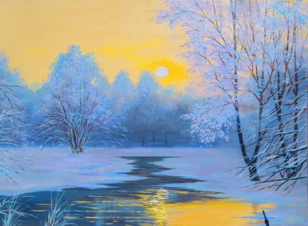 Зимний пейзаж гуашью