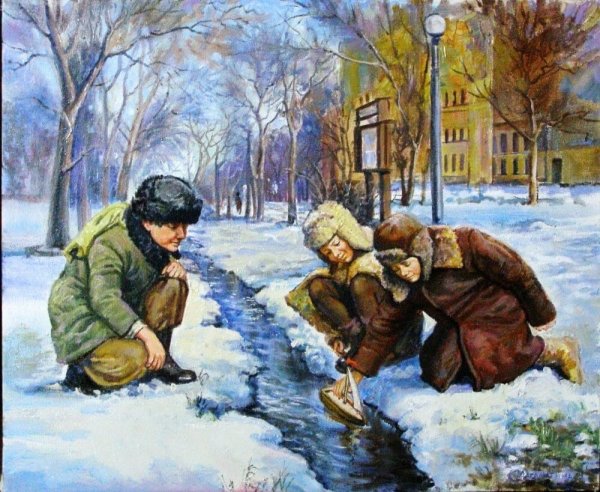 Дети пускают кораблики весной