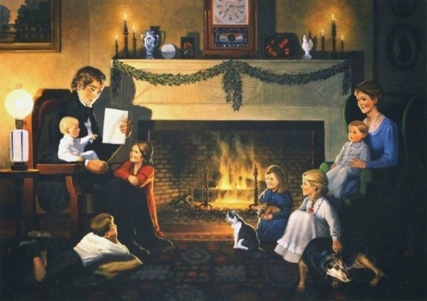 Семья у камина в Рождество