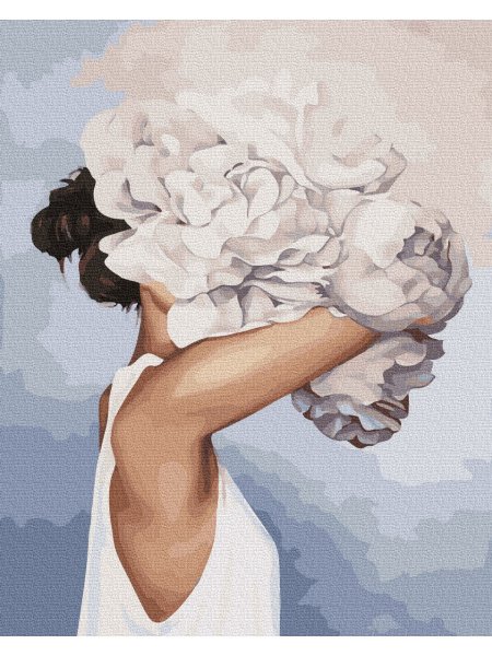 Картина девушка с пионами на голове
