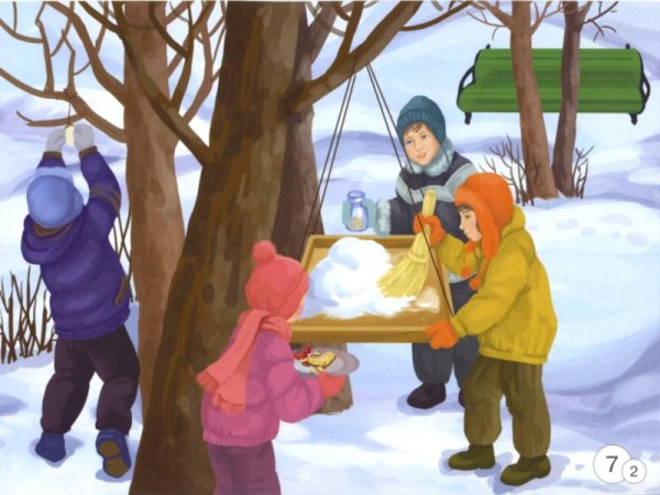 Сюжетная картина птицы на кормушке