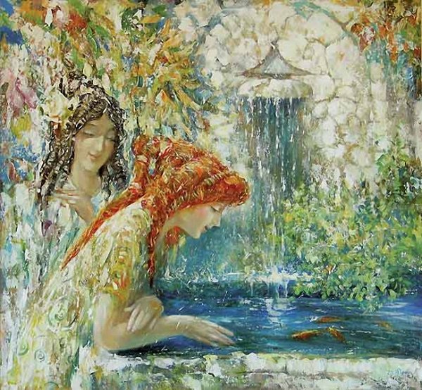 Девушка у фонтана в саду