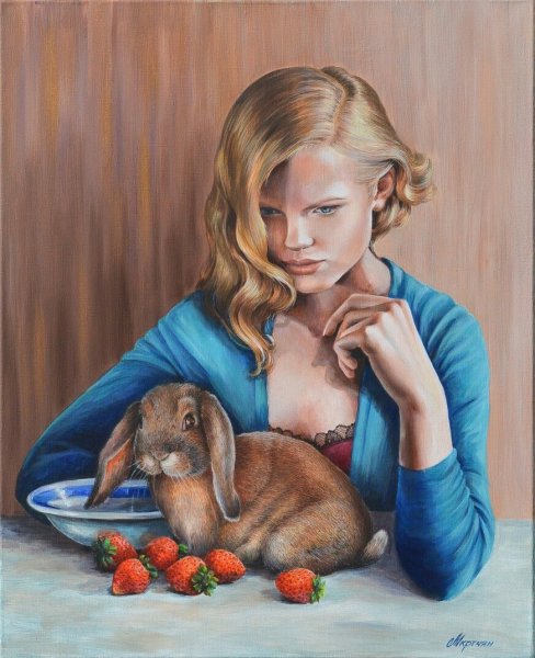Картина девочка с кроликом