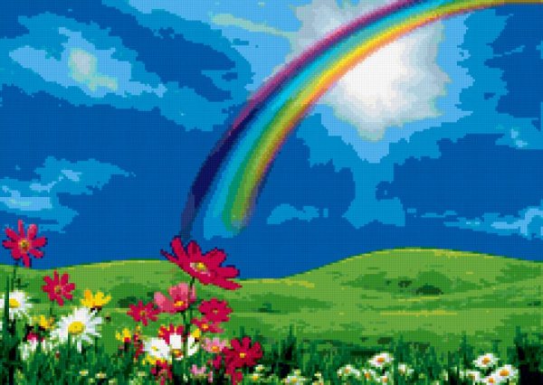 Летняя лужайка с радугой и цветами