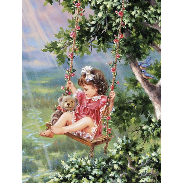 Девочки качаются на качелях живопись