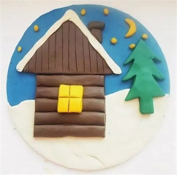 Домик из пластилина на картоне