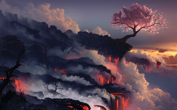 Извержение лава вулкан Сакура дерево