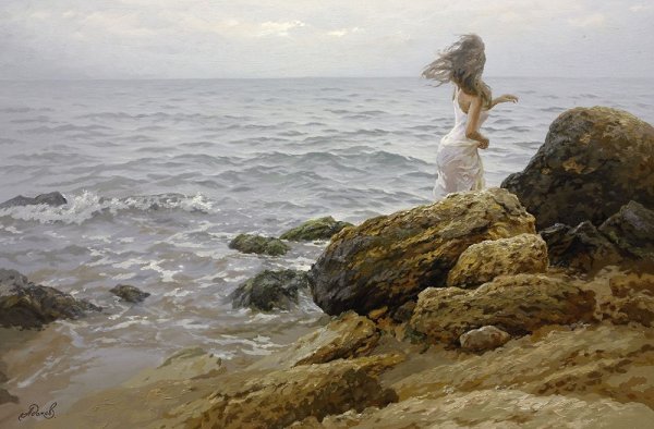 Девочка на скале у море картина