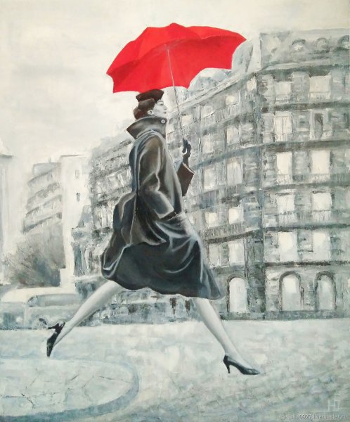 Картина девушка с зонтом под дождем