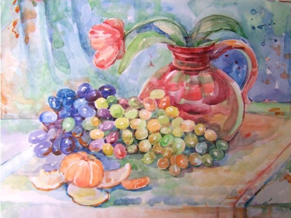 Ваза с фруктами акварелью