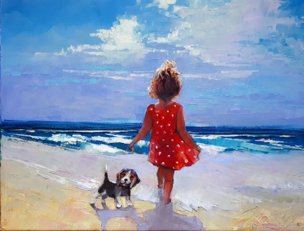 Девочка с собакой на море