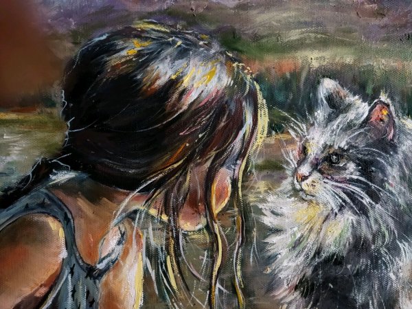Девочка с котом живопись