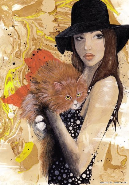 Девушка и кошка живопись