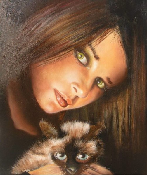Девушка и кошка живопись