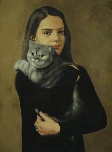 Девушка и кошка живопись