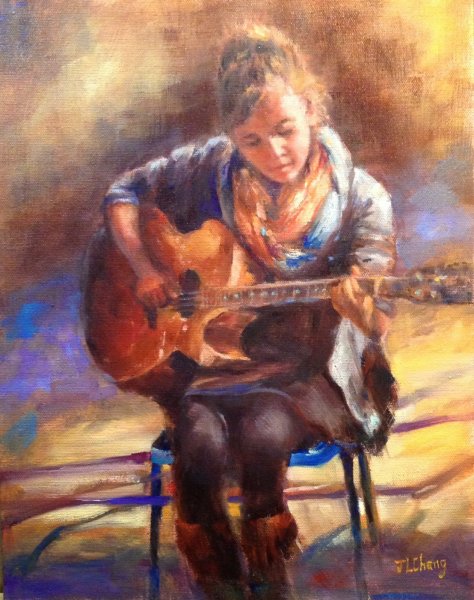 Девушка с гитарой живопись