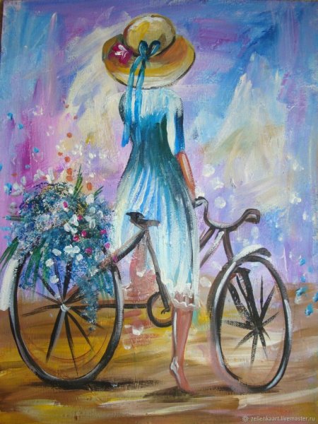 Девушка на велосипеде живопись