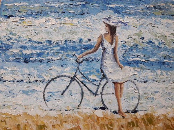 Живопись девушка у море на велосипеде